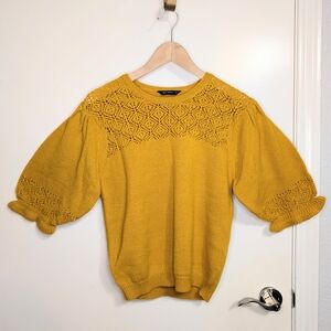 Mustard Yellow Knit Sweater | Puff Sleeves Lace Yoke | Mark & Hawthorn | Medium